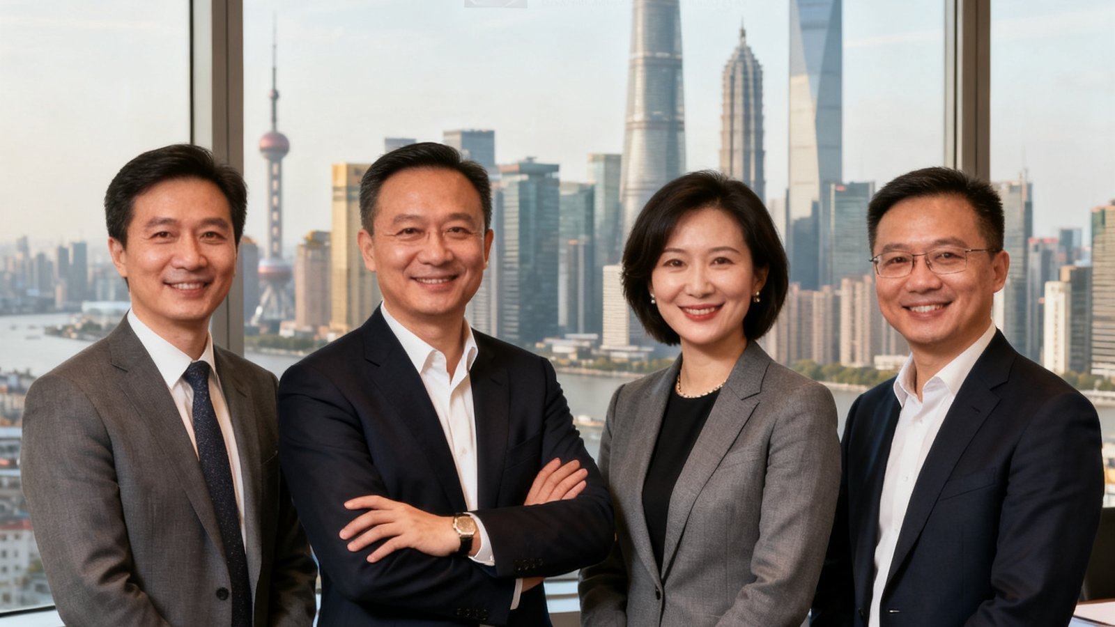 PA贵宾会四位创始人与核心管理团队在上海环球金融中心58层办公室的合影，背景是陆家嘴天际线，团队成员面带自信微笑，着装正式，展现出专业与稳健的企业气质。